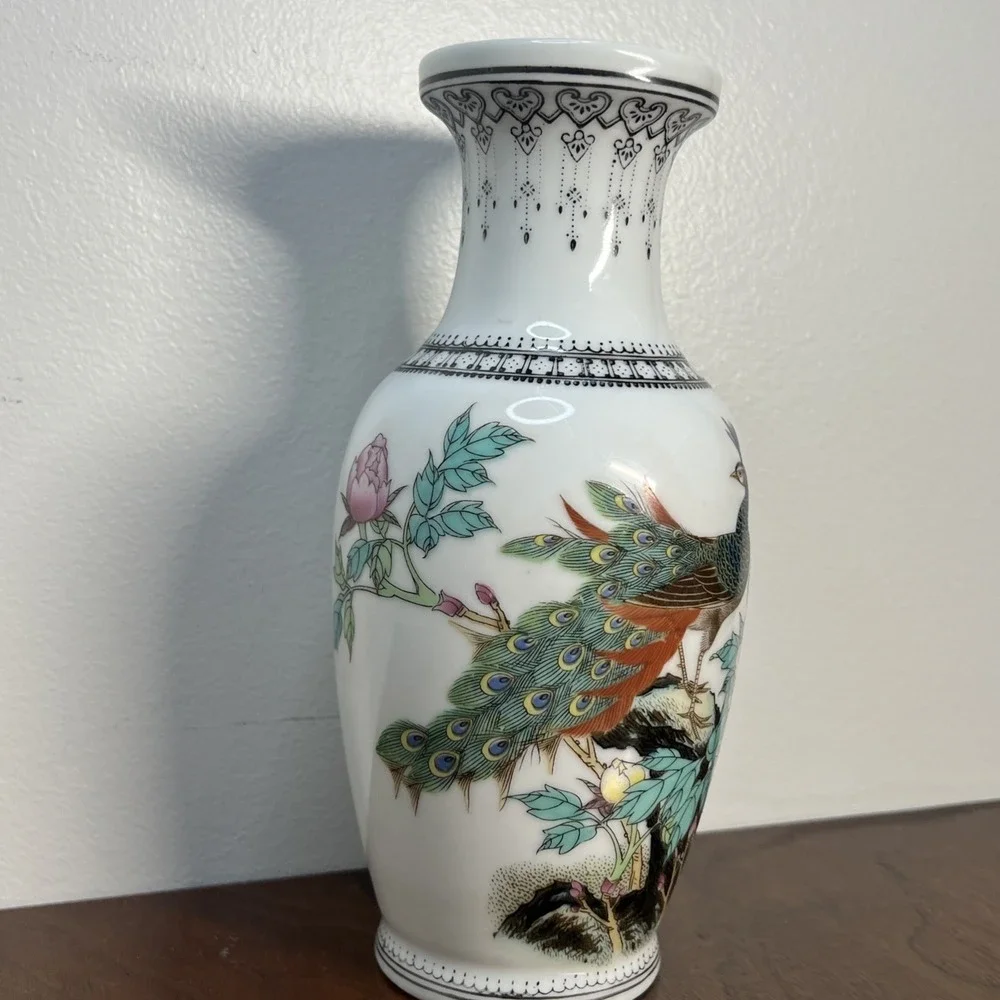 Vintage Jingdezhen Porcelain Vase Peacock Peony Flower Poem Export 8